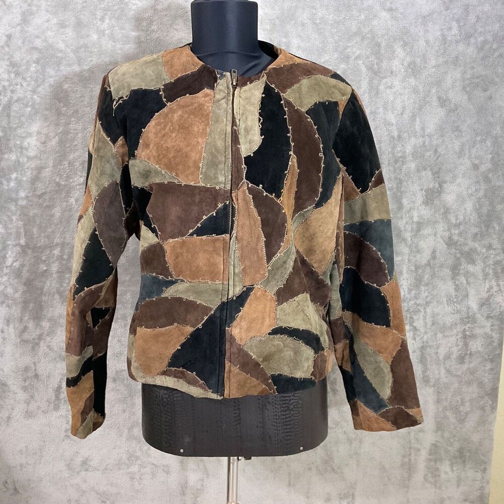 Karen Arnold Jacket M Suede Brown Patchwork Geo zip front Boho Lined *
